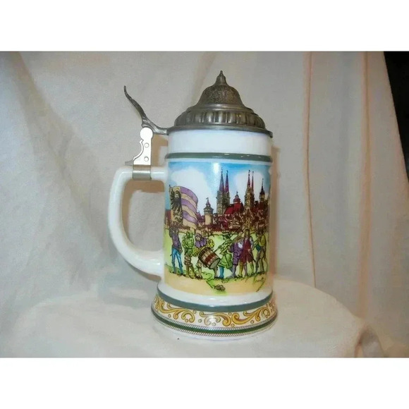 Milk Glass Pewter lid Beer Stein BMF Bierseidel Colorful German Glass Pewter - Picture 1 of 8